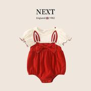 英国NEXT新生婴儿夏装薄款包屁连体衣女宝宝满月百天周岁红色礼服