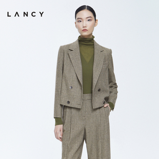 lancy朗姿秋冬短款羊毛西装外套，女修身英伦风高级感通勤格子西服
