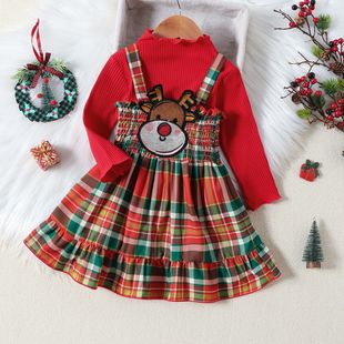 2023圣诞节儿童套装女童春秋长袖裙子宝宝圣诞鹿吊带裙两件套