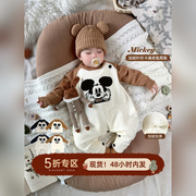 婴儿冬装连体衣婴幼儿宝宝加绒可爱卡通老鼠冬季加厚针织爬服