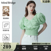 mbmindbridge女士v领泡泡袖衬衫，夏季显瘦短款上衣设计感收腰短袖