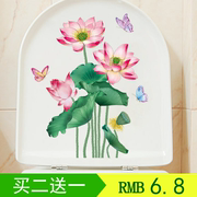 中式中国风马桶贴画，装饰贴卫生间厕所，荷花贴纸翻新马桶盖防水自粘