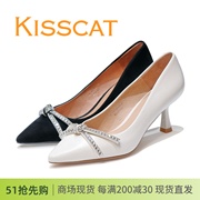 KISSCAT接吻猫2024春细高跟尖头水钻蝴蝶结女单鞋KA43105-80