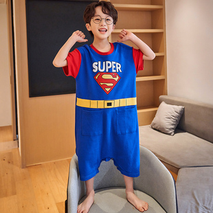 超人连体睡衣儿童纯棉短袖七分裤男童夏季薄款连体空调服可爱男孩