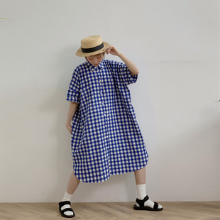 hewu和物原创设计女装蓝白格子衬衫裙宽松短袖连衣裙法式
