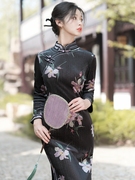 中袖旗袍长款秋冬2023年日常可穿花色，弹力传统版中年妈妈秋款
