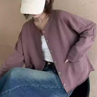 文艺复古毛圈棉小个子短外套女秋季新款宽松弹力长袖圆领口袋上衣