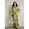 wangxo丨真醋酸抓皱光泽肌理丨长袖，圆领上衣&鱼尾半裙老钱风套装