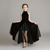 儿童礼服2022黑色无袖模特走秀主持长款钢琴演出服女童公主裙