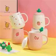 少女心草莓杯子陶瓷，情侣马克杯带盖勺家用喝水早餐牛奶咖啡杯可爱