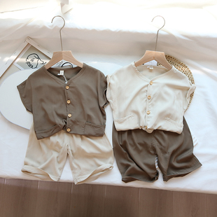 宝宝夏季棉绸套装，薄款男女童人造棉，两件套七分裤空调家居服凉快