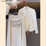 式盘扣白色印花短外套国风复古两件套装裙优雅气质高级感女装