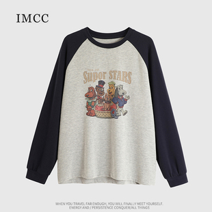 IMCC设计感小众减龄卡通小狗插肩长袖磨毛T恤女宽松加厚百搭上衣