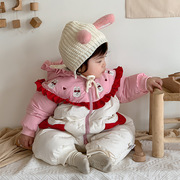 婴儿棉服冬装新生女衣服连体衣拼色可爱兔子棉衣外出哈衣冬季