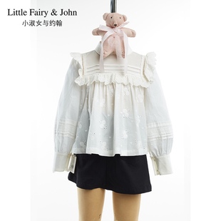 小淑女与约翰童装娃娃领荷叶边灯笼袖白色纯棉公主衬衫女