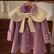 韩国童装加厚女童毛呢，外套中长款2023秋冬洋气，紫色蝴蝶结儿童