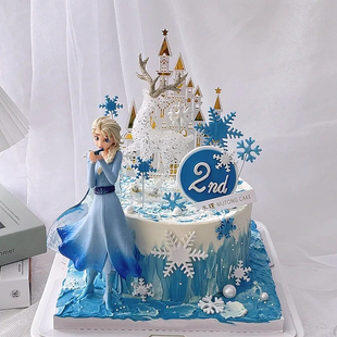 大号冰雪公主蛋糕装饰摆件小鹿雪宝城堡雪花女孩生日烘焙插牌插件