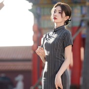 民国风旗袍复古老上海春季黑色，短袖扣国潮夏2024年长款条纹