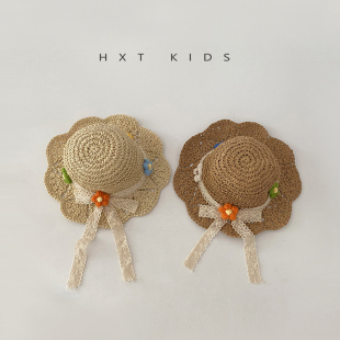 儿童草帽夏季遮阳蕾丝小花帽子婴儿宝宝公主可折叠沙滩海边防晒帽
