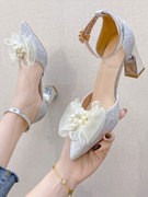 法式婚鞋女2023主婚纱粗跟平时可穿仙女风中空银色高跟凉鞋夏