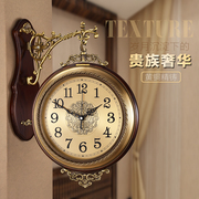 黄铜欧式挂钟双面表钟客厅，时尚钟表创意实木装饰艺术，壁挂静音挂表