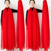 中国红丝巾女春夏，大红色围巾广场舞蹈纱巾，长款防晒沙滩巾披肩两用