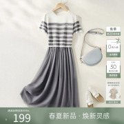 IHIMI海谧条纹网纱拼接连衣裙女2024夏季修身短袖中长款裙子