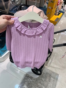 韩国童装 24夏款女童宝宝洋气镂空花边领香芋紫甜美针织短袖T恤衫