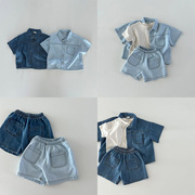 韩版ins夏季儿童套装纯色男女童，短袖软牛仔，衬衫+短裤休闲外出服