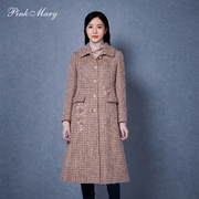 pinkmary粉红玛琍大衣，女士驼色单排扣复古风格子外套pmakw6112