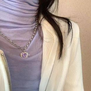 日韩ins紫色闪闪爱心水钻项链，女小众设计感简约百搭锁骨链毛衣链
