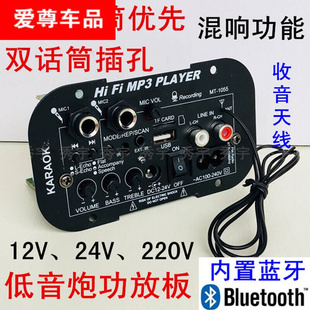 双咪插孔低音炮功放板12V 24V 220V收音蓝牙混响高低音箱主板 主