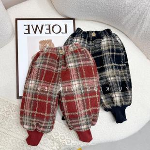 儿童裤子男童冬季加绒加厚女童，一条过冬三层，宝宝格子棉裤小童保暖