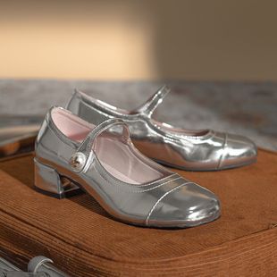 法式玛丽珍浅口鞋子真皮，春夏银色圆头金属，感珍珠中跟单鞋女