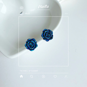 韩版925纯银耳钉女蓝色妖姬，蓝玫瑰花朵耳环，mino同款耳钉个性简约