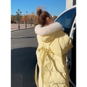 奶黄色羽绒棉服，女2023冬季新中长款韩版宽松面包服