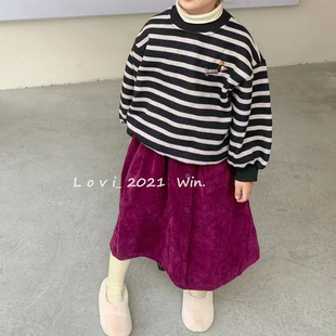 韩版儿童上衣冬季新女童(新女童)加厚抓绒圆领，条纹卫衣紫红色灯芯绒半身裙