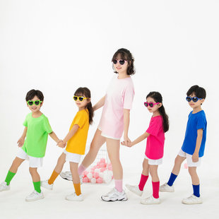 精梳棉彩色糖果亲子短袖t恤儿童，幼儿园班服运动会表演服装多巴胺