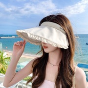 日系花边大檐遮阳空顶帽防晒帽，子女棉麻旅游度假海边沙滩太阳帽子