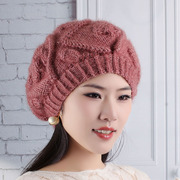 女士秋冬保暖毛线帽时尚加绒内衬防风护耳手工针织帽松鼠绒贝雷帽