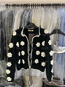 羊毛系带镂空钩针针织，开衫女2024春季立体花朵黑白色编织毛衣