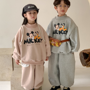男童女童加绒加厚卫衣套装宝宝，秋冬韩版卡通休闲运动两件套潮