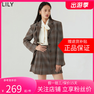商场同款LILY2024春女装复古英伦风格纹舒适羊毛西装外套