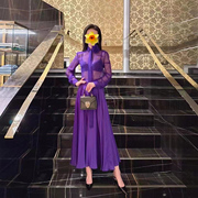 YongLeap柜品高货早春纯色高腰显瘦浪漫紫色百褶中长半身裙女