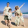 沙滩亲子装海边度假绿色菠萝全家装母女装吊带连体衣男童短袖衬衫