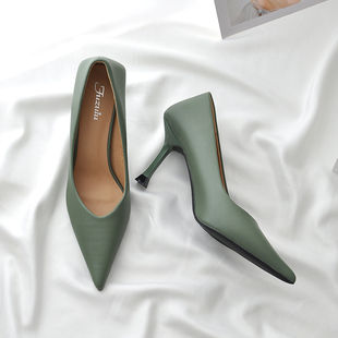 绿色高跟鞋2024浅口尖头单鞋设计感小众网红欧洲站女鞋欧货潮