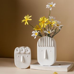 北欧白色陶瓷装饰干花花玄关桌面书房可爱人脸摆件客厅插花花器