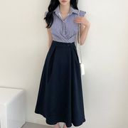 韩国chic复古气质条纹，撞色拼接假两件高腰，系扣无袖背心连衣裙长裙