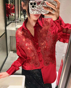 仙气珍藏古董手工刺绣蕾丝撩人迷人热烈红桑蚕丝绸缎衬衫长袖