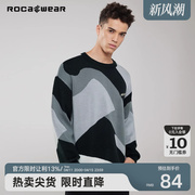 Rocawear潮牌冬季套头简约设计感几何图形拼色圆领套头毛衣潮